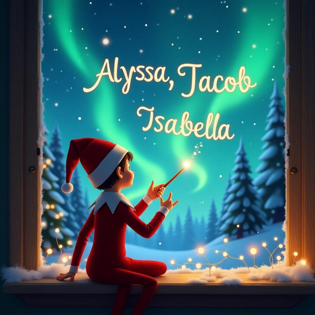 The image features an elf on the shelf sitting by a window, with his back to the viewer. He is facing a vibrant sky filled with northern lights. The elf is using a wand to elegantly write the names Alyssa, Jacob, and Isabella in the sky. The scene is decorated with soft snow outside and faint twinkling lights. This magical Christmas setting embodies joy and anticipation during the holiday season.