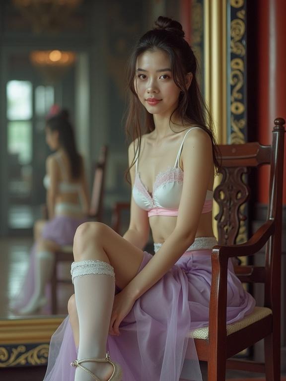 Vietnamese girl sits on a chair in a feudal hall. She wears a light purple mini skirt, white bra, stockings, and high heels. Hair tied with glossy blue eyes. Smiling softly, photo captures her leg and reflects in a mirror. Flash photography creates a nostalgic early 2000s vibe.