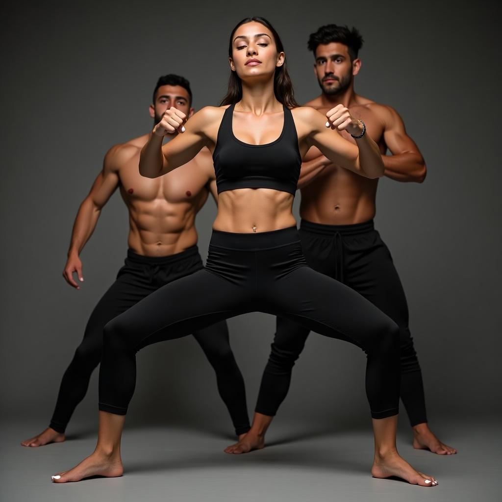 Create an image featuring a strong athletic woman wearing a black sport bra and black yoga pants. She should be in a karate pose, showcasing her strength after a fight. Behind her, three men are lying on the floor, indicating they were engaged in the activity. The woman is barefoot and has white nails. Her expression is confident, highlighting her empowerment in this moment.