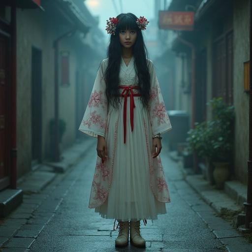 Mysterious ghostly girl inspired by Persephone. Fusion of traditional Japanese and Western clothing. Semi-transparent cherry blossom-patterned kimono jacket. Soft white lace blouse. Long pleated skirt tied with red braided ribbon. White tabi socks with lace-up Victorian boots. Long black hair adorned with pomegranate flowers. Silver butterfly kanzashi. Standing barefoot in quiet misty alley. Holding small key pendant. Red thread bracelet with bells. Cinematic lighting. Dark urban fantasy. Photorealistic style. Moonlit foggy night. Ethereal beauty. Subtle sorrow in amber eyes.