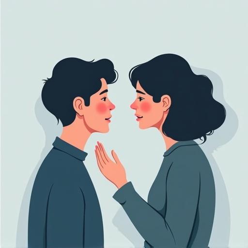 Two people sharing a secret. One person cups hand near mouth. Sound wave floats toward ear. Soft shadows. Muted colors. Minimalist flat vector style. Slightly blurred background.