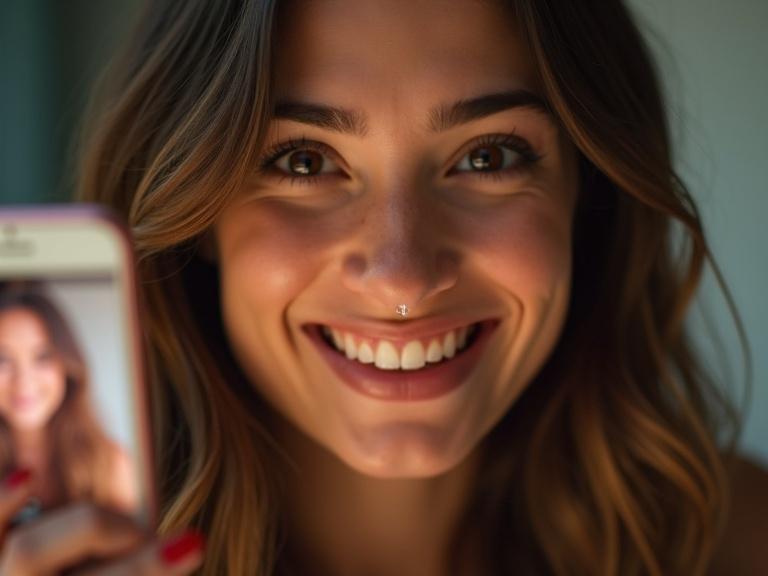 Close-up of a young woman smiling while holding a smartphone. Screen shows a paused video of herself. She looks joyful with a tear of happiness. Her eyes are sparkling. Soft background blur and warm indoor lighting. High-resolution photo.