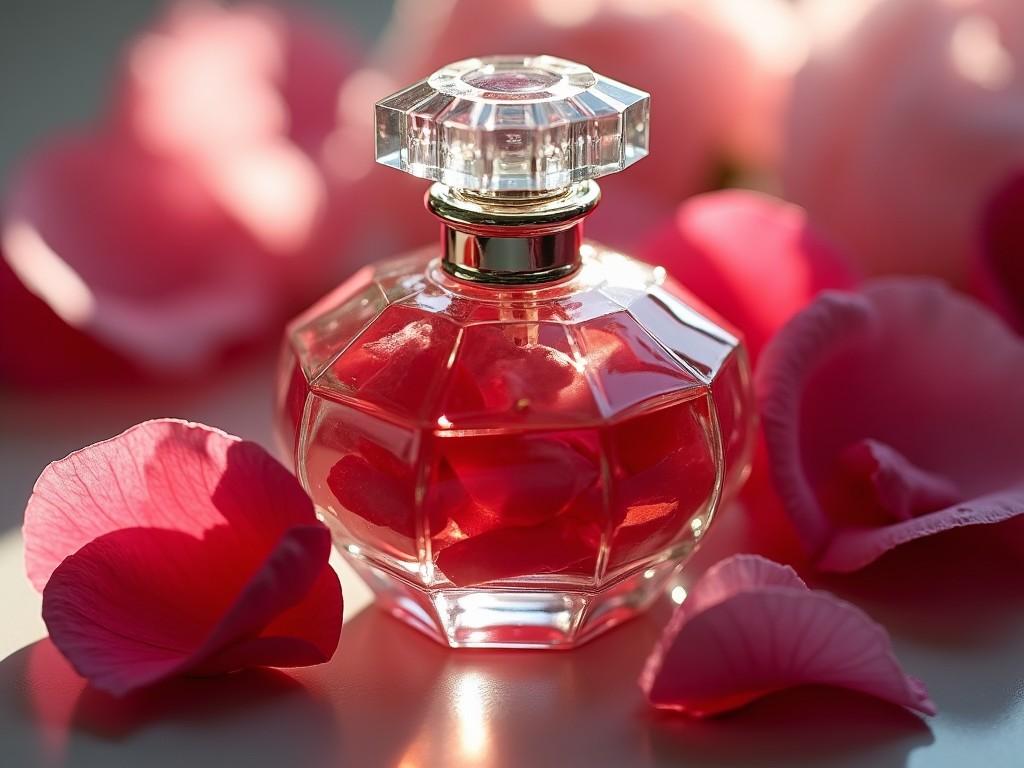 This image portrays a luxurious perfume bottle adorned with rose petals. The bottle, with its geometric design, sits elegantly at the center, surrounded by vibrant pink and red rose petals scattered on a soft surface. The natural light enhances the clear glass and reflects golden hues from its cap, creating an inviting allure. This composition evokes a sense of romance and sophistication, perfect for beauty and fragrance industries. The overall ambiance is soft and delicate, showcasing the beauty of the floral elements in harmony with the perfume.