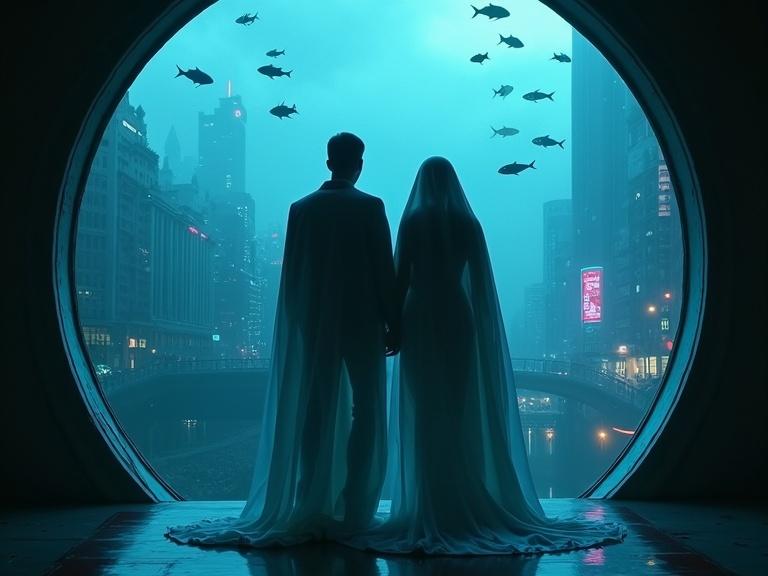 Couple standing in underwater hotel. They are seen from behind. Sheet wraps them at hip level. Huge bay window shows underwater city view. Fish swim in the dark atmosphere. Nighttime with neon lights. Futuristic cybercity vibe reminiscent of Blade Runner.