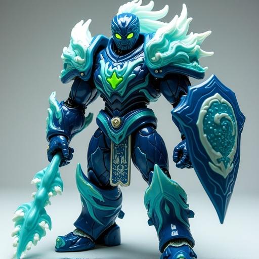 Design a robust warrior figure. Armor resembles crashing waves. Inspired by early 2000s Italian collectible figures. Includes wave-shaped fists. Detachable vortex-patterned shield. Mask has glowing green eyes. Shoulder pads shaped like tidal waves. Colors include navy blue, sea green, white, translucent blue. Emphasizes glossy PVC finishes. Toy-like proportions. Inspired by Monster High fantasy tribal elements.