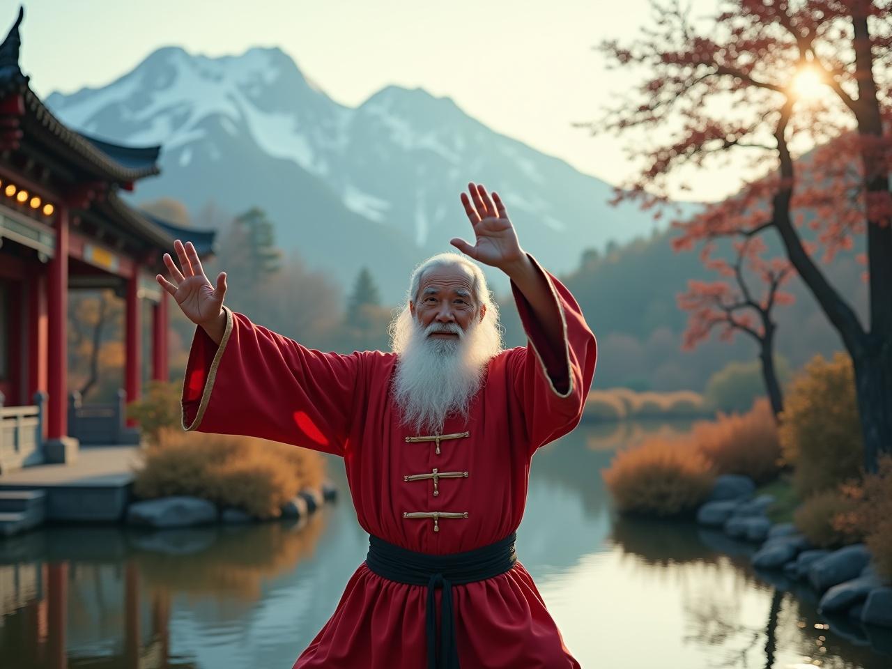 Cinematic image features Santa performing a graceful Tai Chi Chuan sequence in a tranquil Chinese garden, embodying the practice's beauty and serenity. He is facing directly towards the camera, showcasing the global reach of Tai Chi. The scene is set in the early morning, with snow capped mountains in the background. The overall atmosphere is peaceful and reflective, highlighting the harmony of movement. The image displays hyper-realistic details, creating a captivating visual experience. Shot on an Arriflex camera, the quality is exquisite and vibrant.