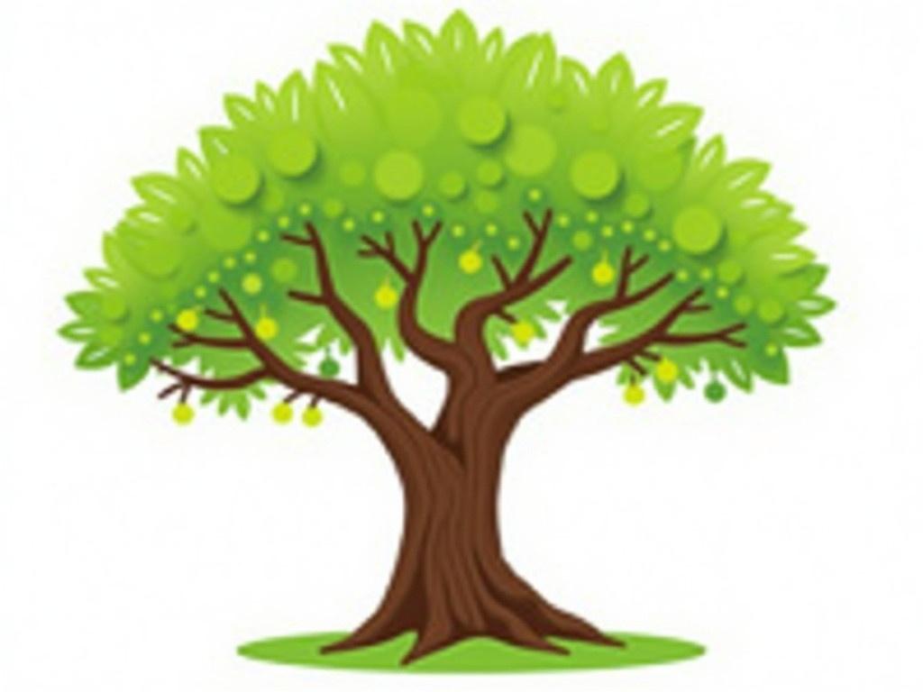 This image features a stylized tree with a sturdy brown trunk and a wide canopy of vibrant green leaves. The branches extend outward in a graceful manner, showcasing a variety of leaf shapes and sizes. Some of the branches are adorned with small green circles, representing fruit or buds. The tree branches are dense, giving it a lush appearance, while the background is a clean white, emphasizing the tree's colors. This illustration conveys a sense of life and vitality, making it suitable for themes related to nature, growth, and sustainability.