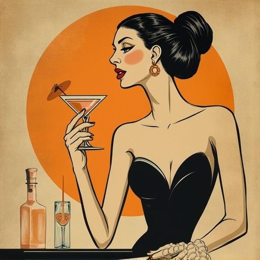 Vintage advertisement poster depicts an elegant woman. She holds a martini glass. The design features retro cocktail bar themes. Influences from mid-century modern style. Layout is minimalistic with muted colors. Grainy texture resembles aged paper. Art deco elements enhance vintage appeal.