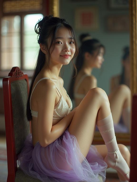 A petite girl sitting in a feudal China hall. She is in front of a large mirror. Wearing a purple mini skirt and light cream bra. White sheer stockings with lace. Tied wet hair and glossy blue eyes. Smiling softly, with her legs crossed. The image is slightly overexposed, has visible lens dust and film grain. Evokes a nostalgic early-2000s vibe.
