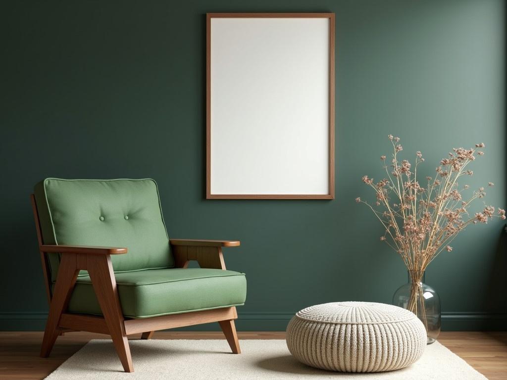 A retro-inspired sitting area featuring a classic green armchair with wooden accents. The walls are painted in a deep, dark shade, reminiscent of vintage designs. A large blank picture frame hangs on the wall, highlighting its minimalistic style. Beside the armchair, a round, textured ottoman sits on a light-colored rug that adds warmth to the space. A simple glass vase contains delicate, dried flowers, bringing a touch of nature into the retro ambiance.