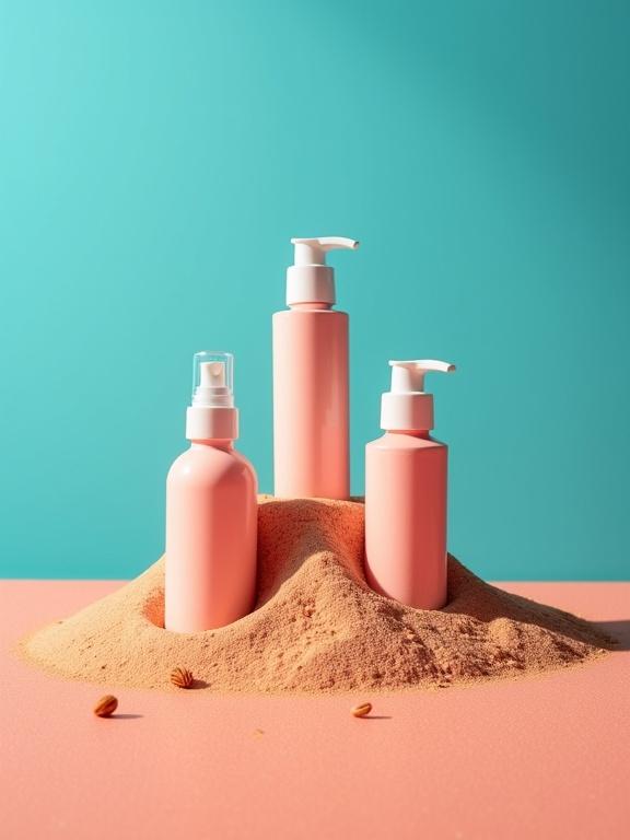 Modern high-contrast product photography of three Moana exfoliating cream bottles stacked on coral sand. Strong midday sunlight casts dramatic shadows on the products. Raw ingredients are placed in shadows. Intense sky blue background creates a clean and warm summer feel.