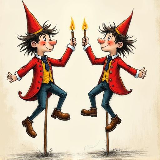 Business card design featuring two whimsical characters dressed in red suits holding candles. Characters are jumping on sticks, designed for promoting 'Jack B. Nimble' and 'Jaque B. Quick'. Suitable for parties and events.