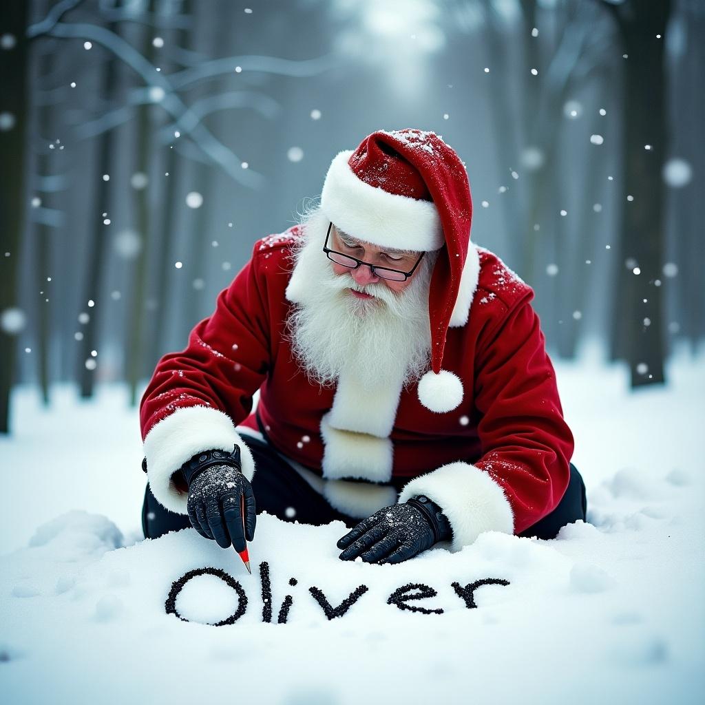 This image features Santa Claus, dressed in his iconic red suit, kneeling in a snowy forest. He is carefully writing the name 'Oliver' in the snow using a red marker. Flakes of snow are gently falling around him, creating a magical winter atmosphere. The scene captures the essence of Christmas with a focus on a personalized touch. His long white beard and glasses add a classic appeal, making it a heartwarming holiday image.