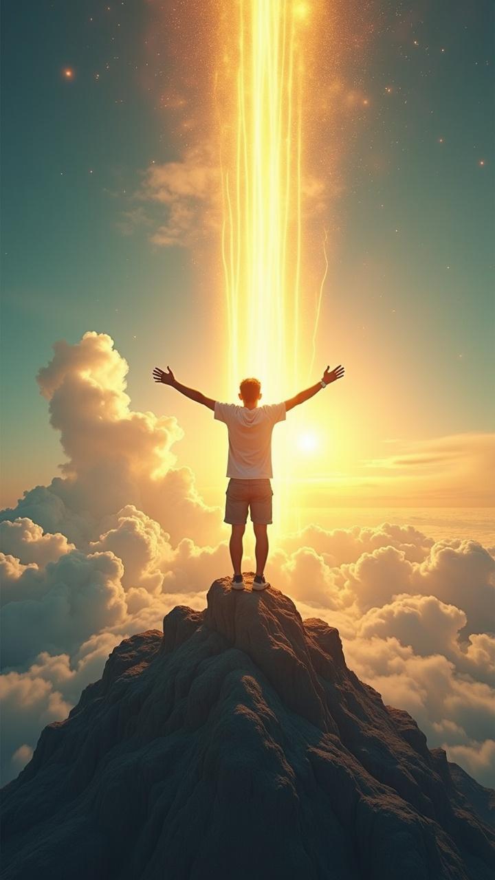 A person stands triumphantly on top of a rocky peak above the clouds, arms outstretched towards a beam of golden light descending from the sky, symbolizing empowerment and connection with the divine.