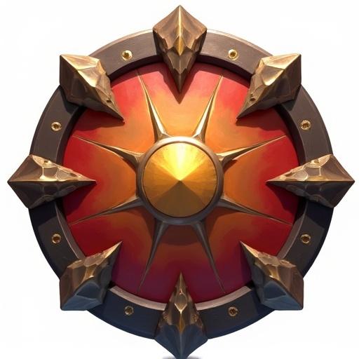 Icon for a card game. Style inspired by World of Warcraft. Round shield with spikes and a sun emblem. Transparent background. Size 48 x 48 pixels.