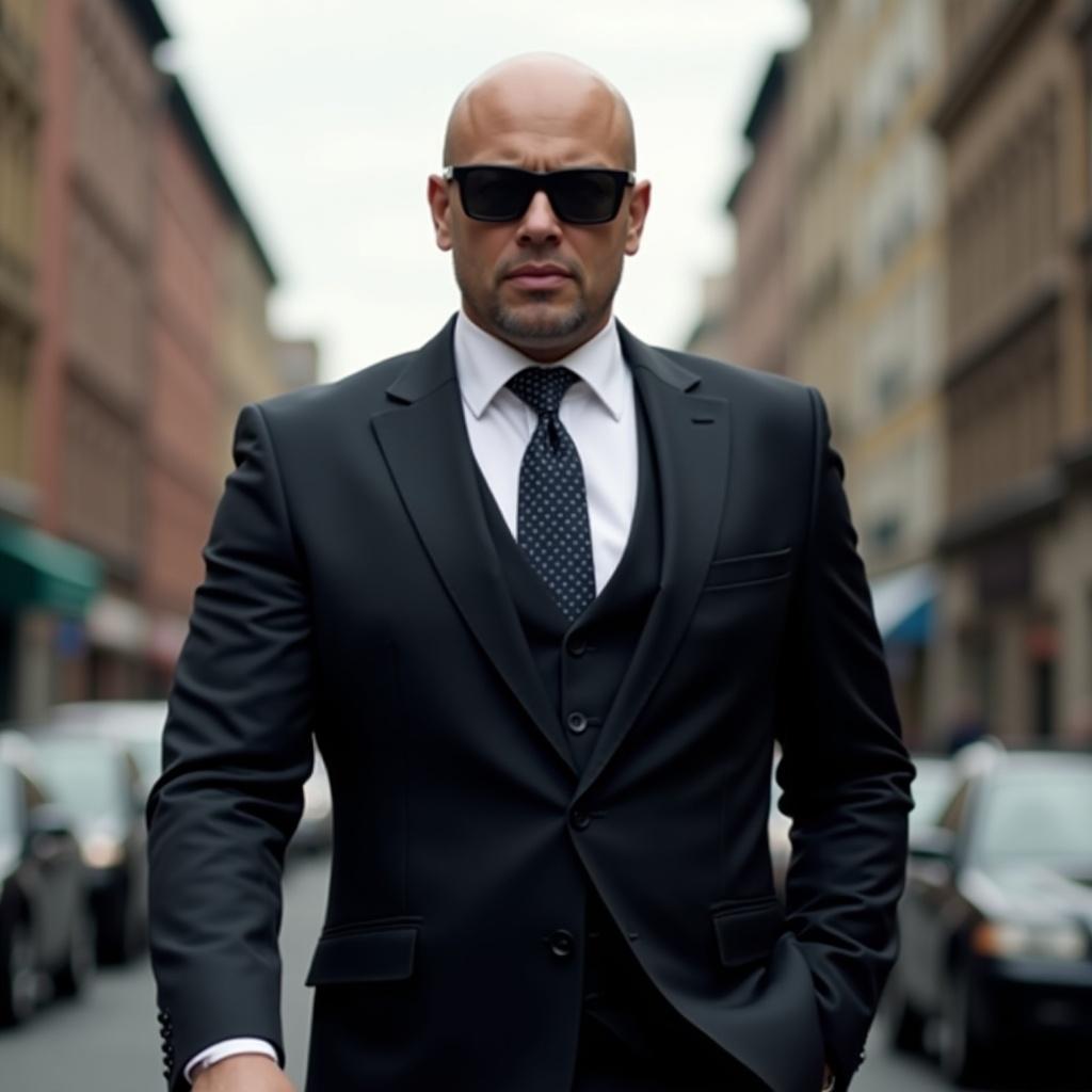 The image features a man standing confidently in an urban setting. He is dressed in a sleek, mafia-style suit that fits well, exuding a sense of authority and style. The man sports sunglasses that complement his outfit perfectly. He stands tall at around 175cm and weighs approximately 98kg, giving him a stout and imposing presence. The backdrop consists of urban buildings and parked cars, enhancing the dramatic feel of the scene. The lighting is natural, suggesting a slightly overcast day, creating a moody atmosphere.