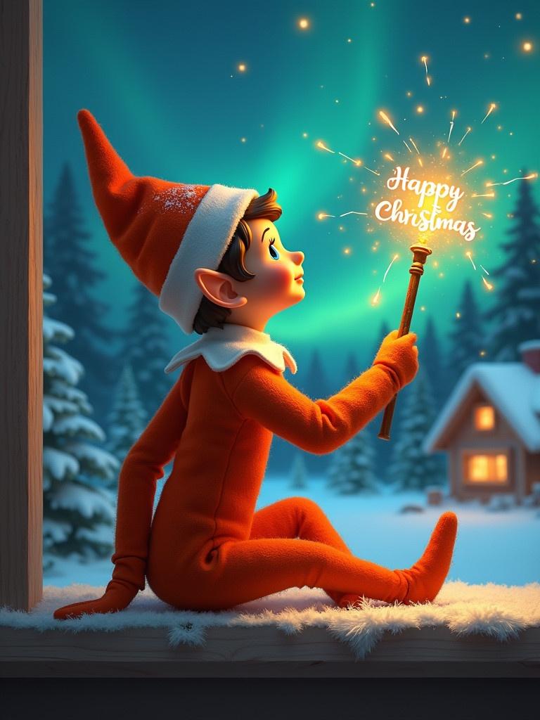 An orange elf on the shelf sits looking upwards. The elf wears orange clothing and holds a glowing wand. A magical Christmas scene with northern lights appears in the background. A cozy house is visible at a distance. Snow covers the ground. The elf embodies magic and wonder of Christmas. The words Happy Christmas glow in the air.