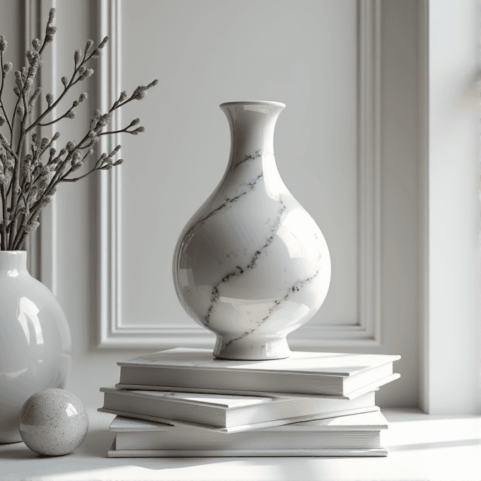 A marble-patterned vase sits atop a stack of white books in a sunlit interior, with dried branches in another vase beside it.