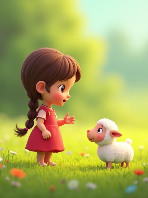 A cheerful little girl with brown braids wearing a red dress discovering a small fluffy white sheep in a vibrant green meadow in a 3D cartoon style.