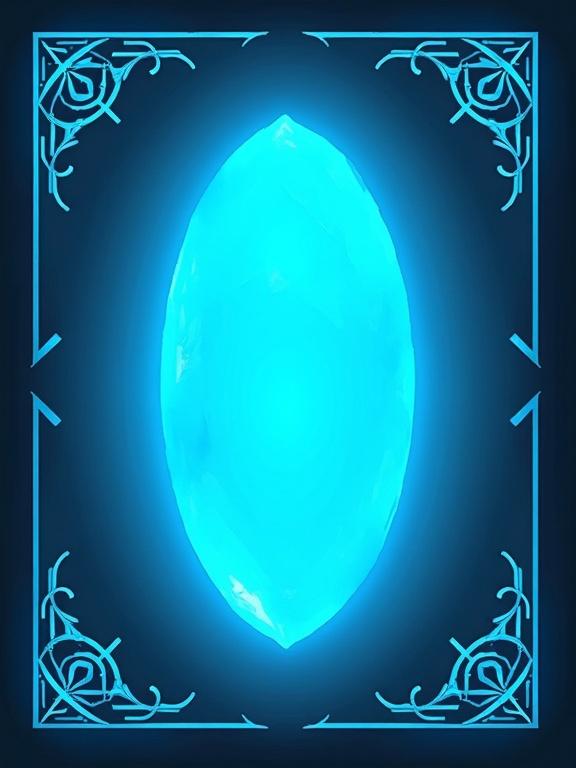 A simplistic fantasy card back for a card game. Very light blue design without text. Features a glowing light blue oval stone in the center. The design is symmetrical with a decorative border.