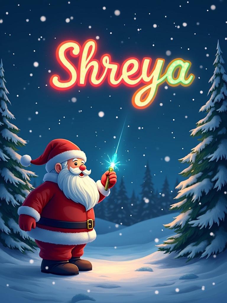 A Christmas scene featuring Santa Claus. Santa admires the name 'Shreya' in colorful calligraphy in the night sky. Bright and glowing letters are in the background. Snowflakes gently fall in a dark blue atmosphere. Santa holds a colorful glow pen. Snowy trees encircle him. The image captures Christmas joy.