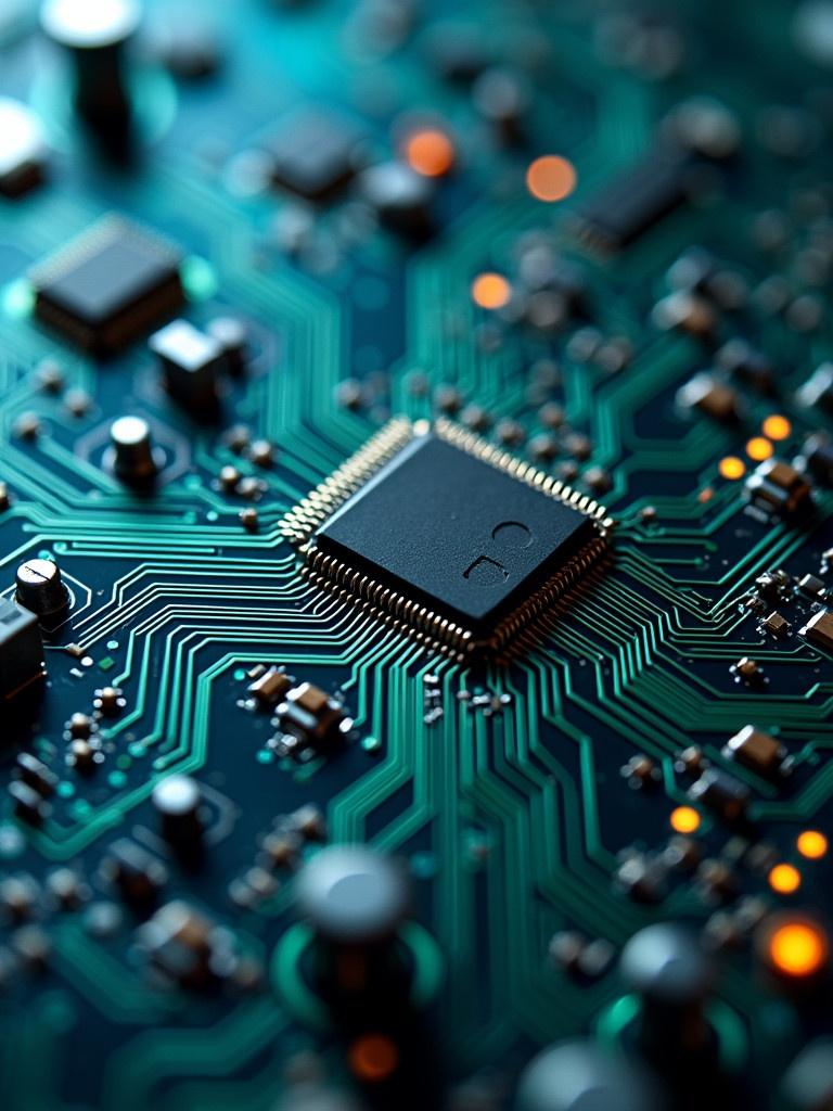 Close-up topview of a detailed electronic circuit board with microchips and components. Show traces on the PCB distinctly. Ensure the image is bright and well-defined.