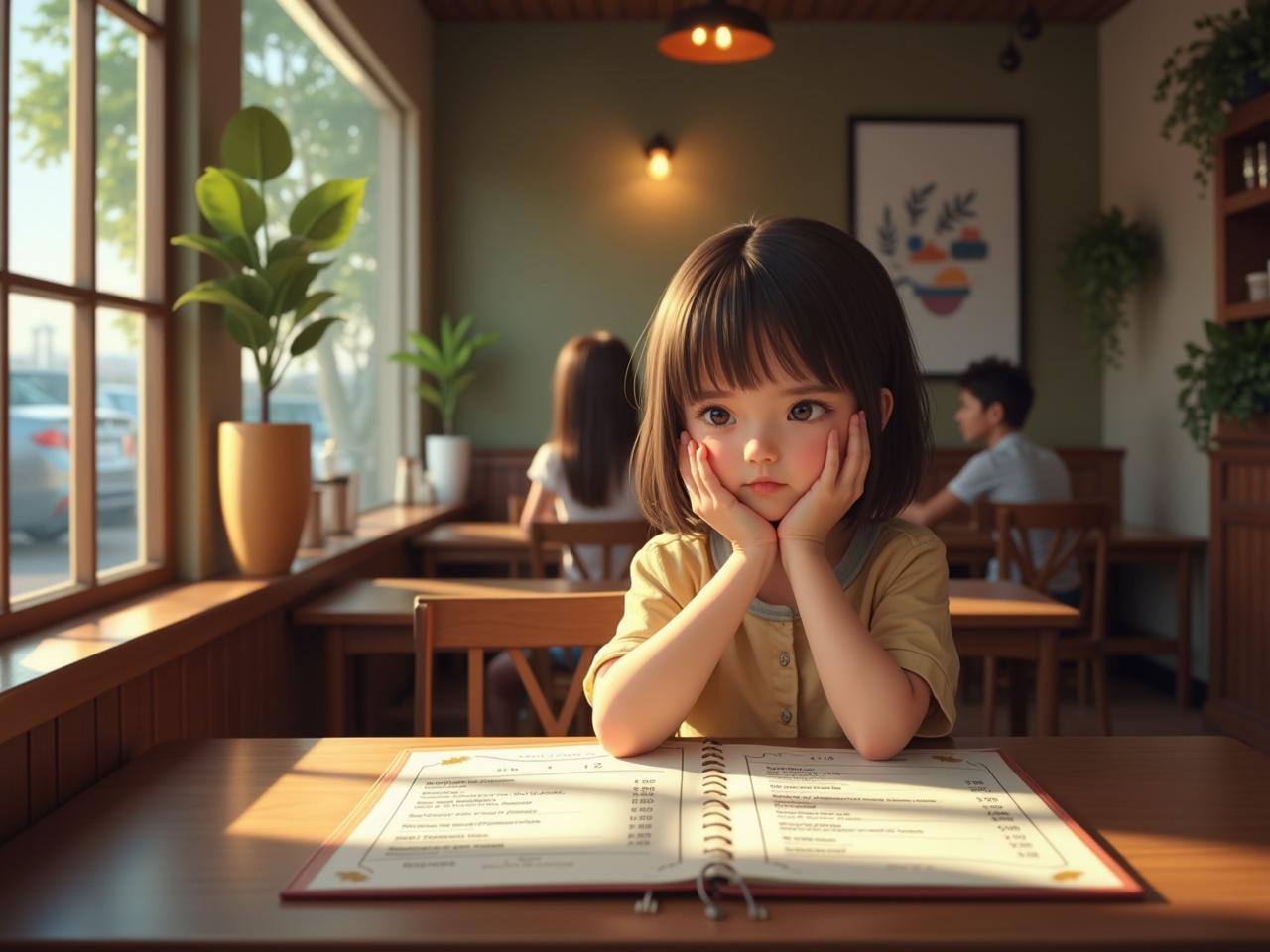 A girl sits at a cafe, her attention focused on the menu in front of her. Sunlight filters through the window, creating a warm ambiance. She appears thoughtful, considering her options for food and drink. The cafe has a cozy atmosphere, with wooden furniture and decorative plants. Other patrons can be seen in the background, enjoying their meals. The walls are adorned with artwork, contributing to the inviting vibe of the place.