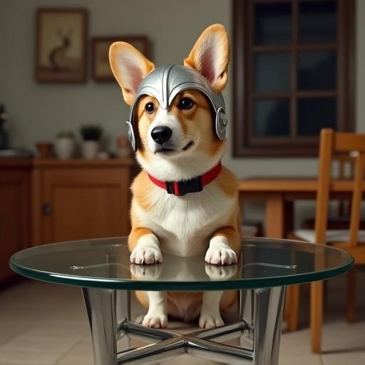 Digitally generated image of a corgi sitting on a clear glass table. Corgi has a silver helmet with wings and a red collar. Light brown fur with white markings. Background shows a softly blurred kitchen with chairs and cabinets. Soft lighting creates gentle shadows.