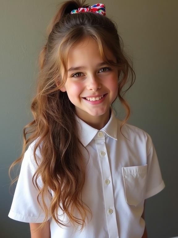 Lily smiles in a crisp white blouse. She has long wavy chestnut hair styled with a colorful scrunchie. Her hazel eyes show mischief. The background is soft and muted. The image has a low-resolution feel, adding an unpolished look. Bright colors add vibrancy. She is attractive and wears black shoes.