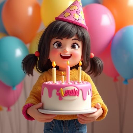 Cartoon character holding a birthday cake with three candles. Character has a joyful expression. Party setting with colorful balloons. Cheerful and fun atmosphere.