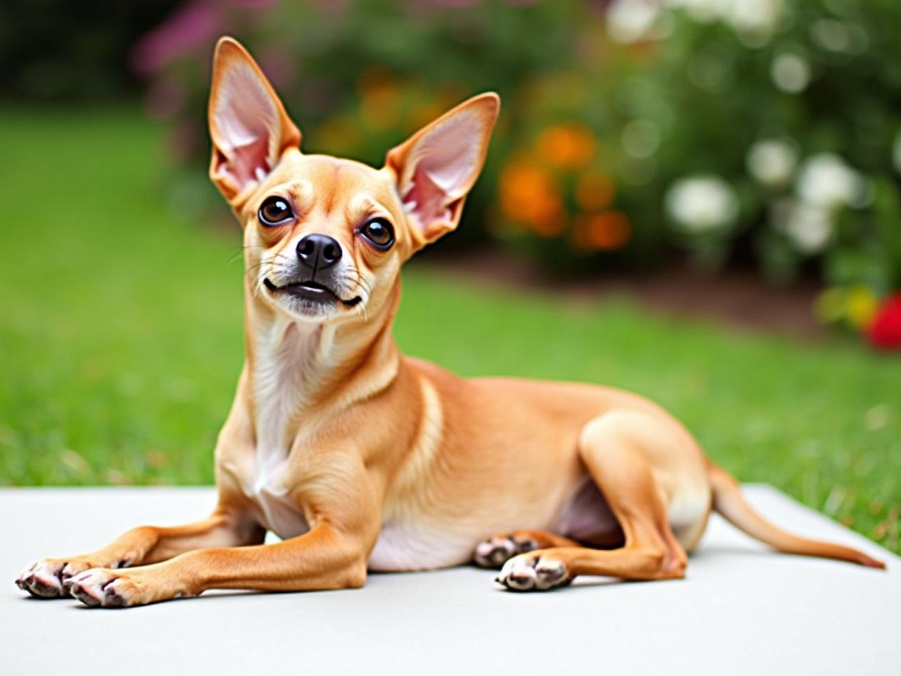 The image shows a small dog with a sleek, brown coat. The dog's ears are large and stand upright, giving it an alert appearance. It is lying down on a flat surface, with its front legs extended and its head held high. The background features a lush green lawn and colorful garden plants, indicating an outdoor setting. The dog's expression is calm and confident, showcasing its playful demeanor.