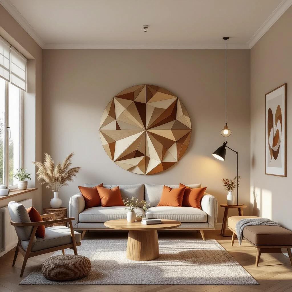 Living room featuring geometric patterns. Warm colors are present. Natural light enhances the space. Minimalist furniture is arranged around a round coffee table. A large geometric art piece adorns the wall. Cozy atmosphere is created with soft textiles and decorative elements.
