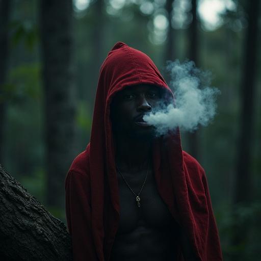 Photograph of a Saci-Pererê in a dark foggy forest at night. He is a black man with one leg, wearing a red cap. He is sitting on a moss-covered log, smoking a pipe. Smoke mixes with the fog. Scene illuminated by moonlight creating shadows. Sharp focus on the Saci's face capturing skin texture and eye shine. Cinematic, ultra-realistic style, high resolution, 8k.