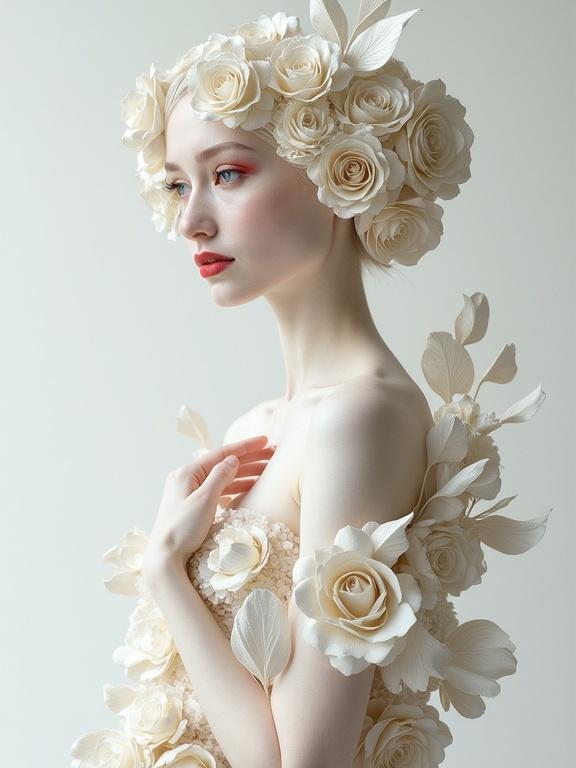 Elegant woman with white paper curl hairstyle adorned with roses in soft lighting. Serene pose with hand resting on body showcasing intricate floral garment. Three-quarter view accentuating facial features. Ethereal and melancholic mood with soft shadows and balanced composition.
