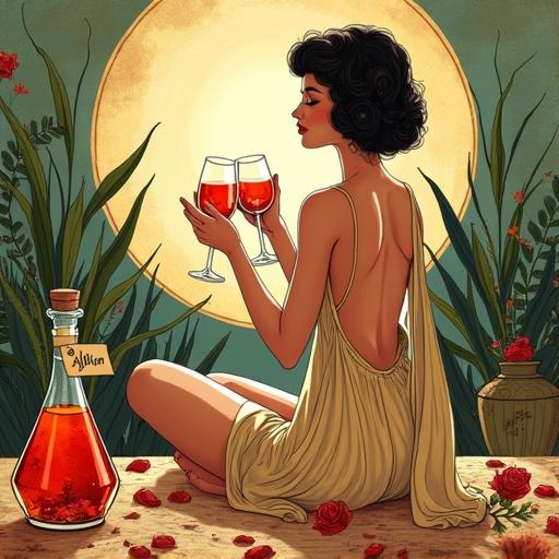 A vibrant ink and watercolor illustration of a modern topless Venus goddess enjoying meditation. She toasts with glasses of reddish herbal liqueur, surrounded by lush plants and rose petals. An apothecary bottle labeled 'ALFRUNO' is in the foreground. The scene is serene and elegant, with earthy tones and a whimsical style reminiscent of watercolor and mixed media.