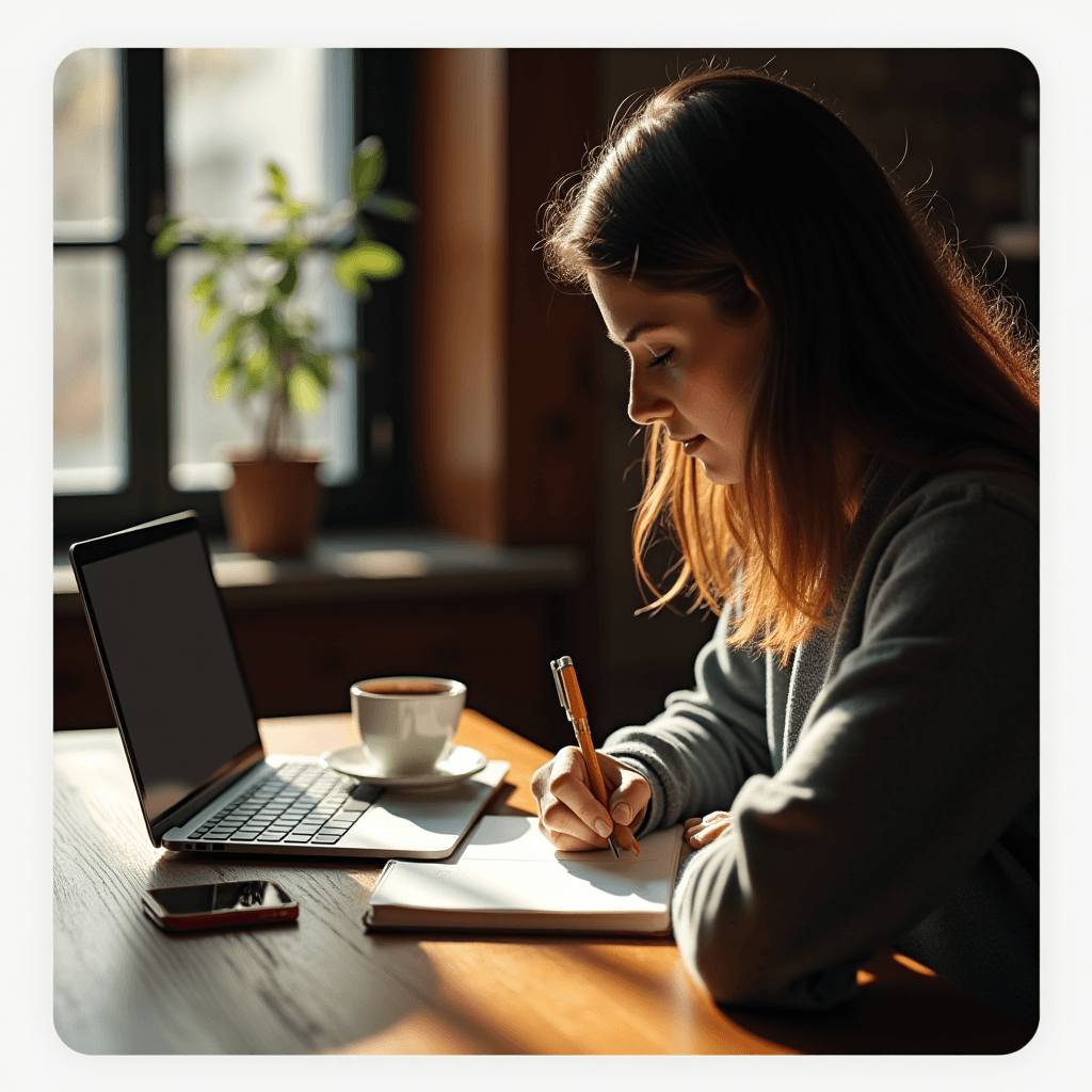 A person writing at a sunlit table with a laptop and coffee.