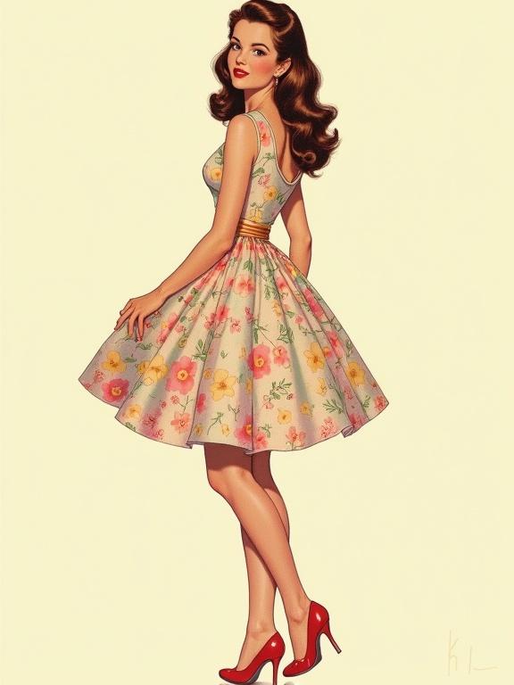 Pinup model illustration features a young woman in a floral patterned vintage dress. She poses confidently in high heels. The illustration uses soft pastel colors and emphasizes vintage charm.