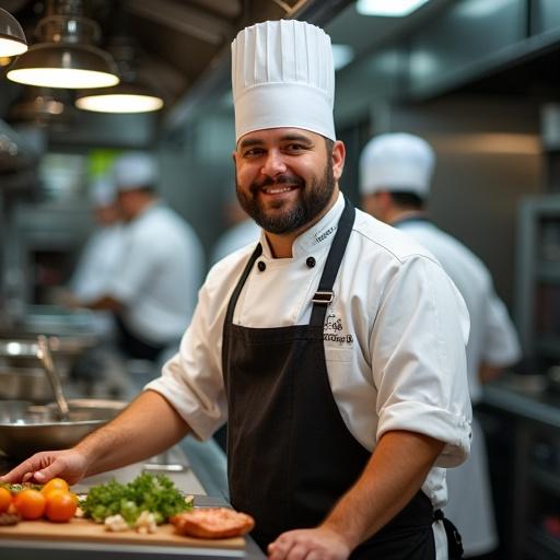 High-resolution image features a chef in a busy kitchen showcasing skill and dedication with food ingredients around.