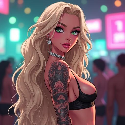 Anime woman with blonde hair and green eyes in a nightclub setting. She has tattoos and jewelry. The atmosphere is colorful and luxurious. She has a muscular build and modern futuristic fashion.