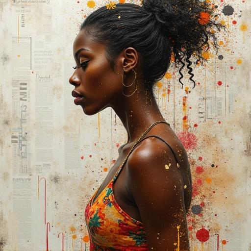 Digital artwork of a female figure in profile. Background features textured oil splashes and collaged materials like newspaper and jute. Includes wood, sand, glitter, and origami elements. Artistic details like scratches and drops enhance visual interest.