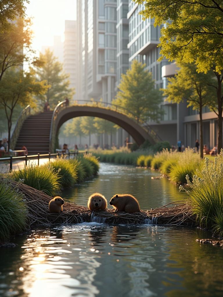 A picturesque urban creek winds through a modern city. A staircase extends into the water. In the foreground, a beaver family constructs a dam with twigs. Baby beavers assist. Warm light reflects off buildings and greenery. High detail, ultra-realistic textures, National Geographic photography.