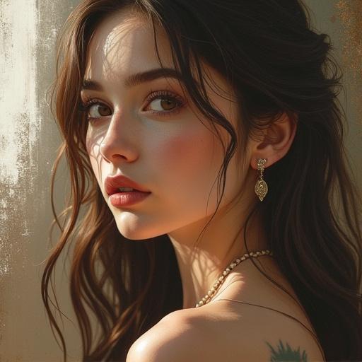 Female portrait captured in an artistic style. Subject has flowing hair and is adorned with gold jewelry. Warm tones with soft, natural lighting. Close-up profile view.