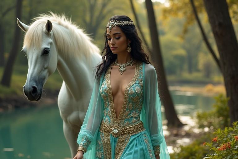 A tall white skin woman wearing a turquoise Arabian princess-inspired outfit with ornate gold embroidery. The outfit features sheer overlay pants with intricate floral patterns. She has shiny black hair and a bold jeweled headpiece. She walks beside a unicorn in a glowing forest near a lake. Her expression is peaceful and serene.