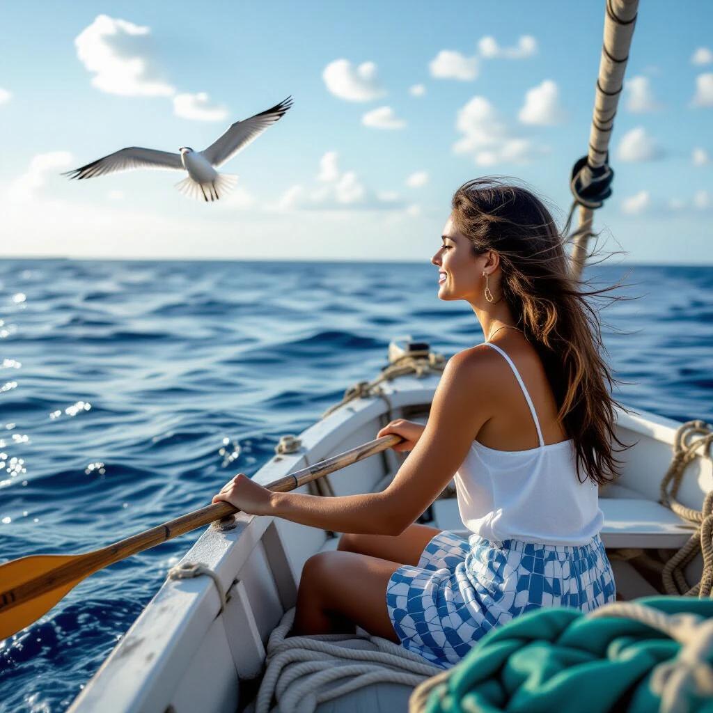 Woman rowing in a small boat on the ocean. A seagull flying beside the boat. Bright blue sea with fluffy clouds in the sky. The woman wears a white tank top and patterned shorts. Focus on the serene atmosphere and connection with nature.