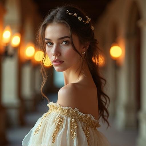 Portrait of a young woman in medieval fashion. She wears an ethereal gown with intricate gold embroidery and off-shoulder sleeves. The background features an ornate castle hallway with arched windows and candlelight. Lighting is soft and natural, creating a dreamy atmosphere. The woman's skin is porcelain-smooth and lustrous. The image is highly detailed with a photorealistic quality and cinematic lighting.
