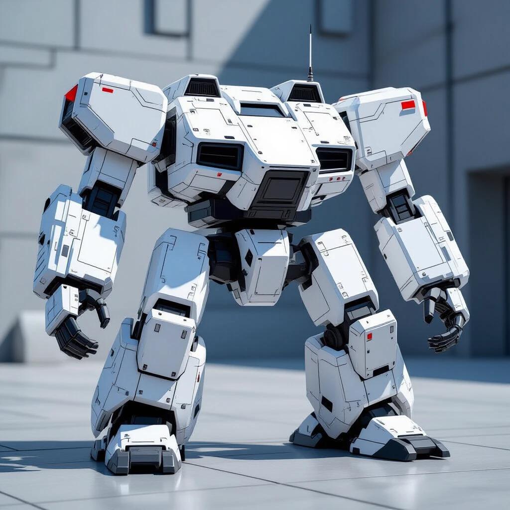 sci-fi white blocky flat rectangle bevel huge battle tank mech with shadows and realistic details and textures