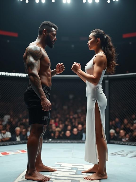 A dramatic MMA confrontation scene in a professional octagon cage. Two fighters face off in an intense standoff. The male fighter has a muscular build and tattoos. He is barefoot with fists raised. The female fighter wears a white qipao dress, barefoot with fists raised as well. Both have serious expressions. The octagon is surrounded by metal fencing. There are spectators in the background. The lighting creates dramatic shadows and highlights on the fighters. The focus is on their bare hands and feet.