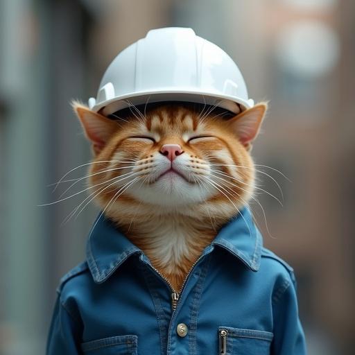 A semi-realistic cat wearing a white hard hat and blue work jacket. The cat is bowing slightly, with eyes closed and a peaceful smile. The setting conveys joy and whimsy.