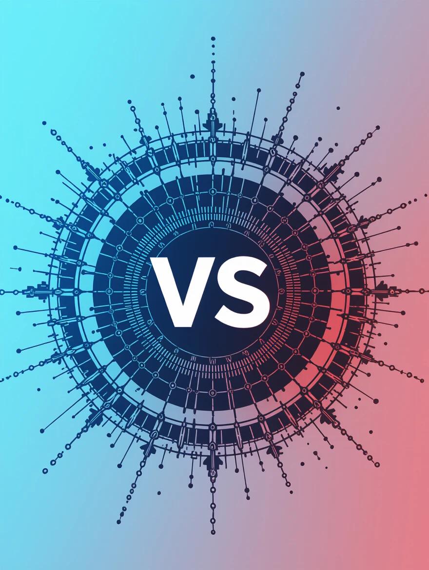 Abstract design representing analogue vs digital concept Minimalistic circular graphic with lines radiating around the central area Bold 'VS' text in the center Mild gradient blue and red background