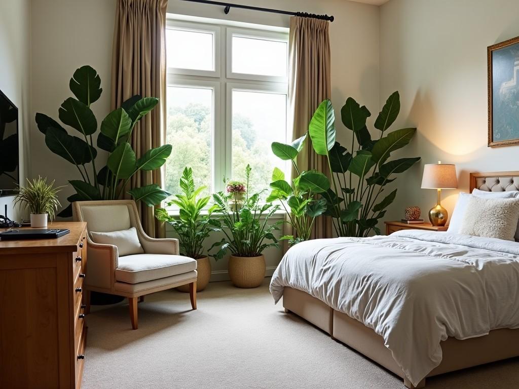 This image shows a beautifully designed bedroom with a cozy atmosphere. On the right side, there is a neatly made bed inviting relaxation. To the left, a stylish chair sits beside a wooden table, adding to the room's functionality. Lush indoor plants are strategically placed in the back, bringing a touch of nature to the decor. Large windows let in an abundance of natural light, enhancing the warmth of the space. Overall, this bedroom combines comfort and style seamlessly.